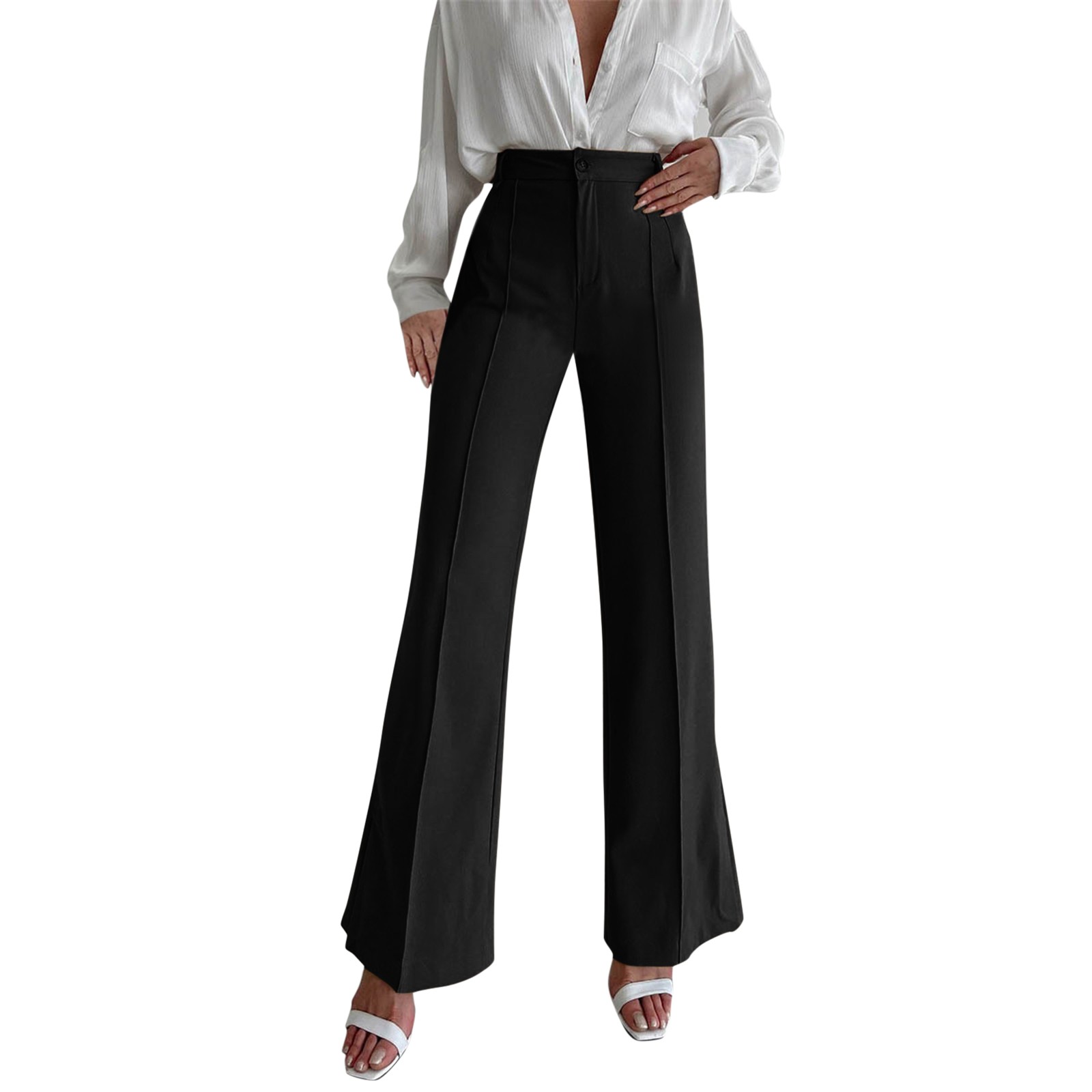 thumbnail image 1 of Pantalones holgados informales para mujer: pantalones rectos con abertura, cintura elástica, tallas S-L, 1 of 7